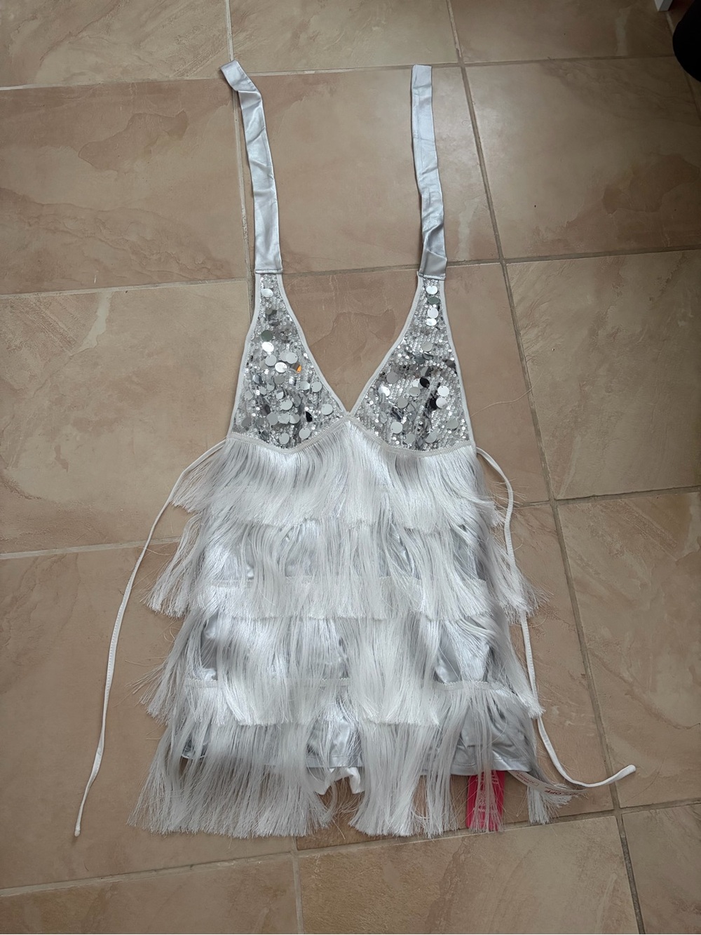 Brand new never worn Silver Sequin and White Feather Fringe Top w tags